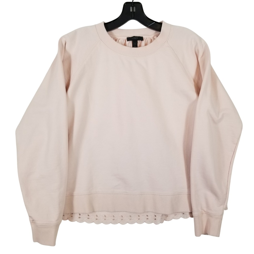 J.Crew Womens Eyelet Lace Back Sweatshirt Pink Raglan‎ Long Sleeve Crewneck L